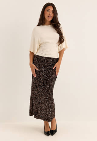 Straight Ankle Sequin Skirt Brown
