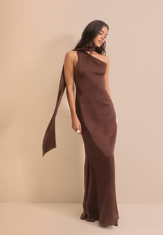 One Shoulder Scarf Satin Gown