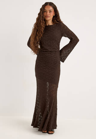 Long Sleeve Lace Maxi Dress Brown