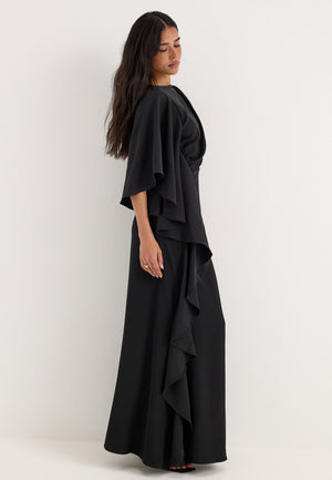 Draped Flounce Gown Black