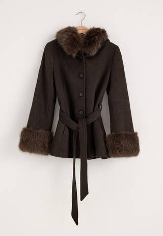 Hooded Wool Blend Coat Brown