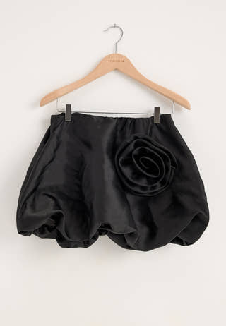 Rose Bubble-Hem Satin Mini Skirt/Top Black