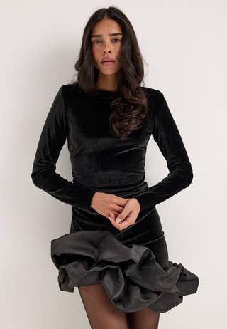 Velvet Ruffle-Hem Short Dress Black