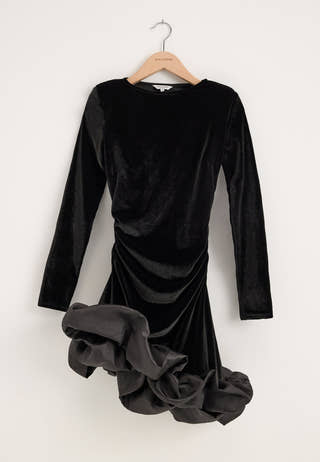 Velvet Ruffle-Hem Short Dress Black
