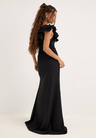 One Shoulder Ruffle Stretch Gown Black