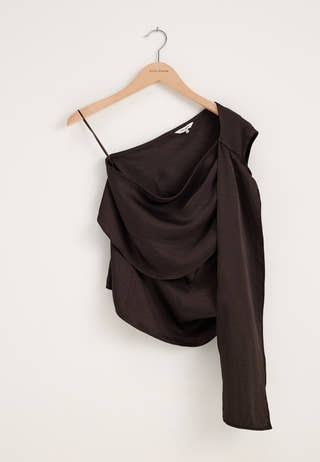 Satin One Shoulder Blouse Brown
