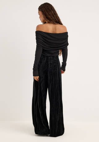 Fold-down Velvet Balloon-Hem Jumpsuit Black