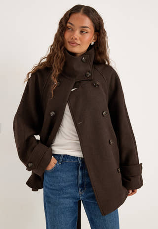 Dropped Waist Wool Blend Jacket Brown