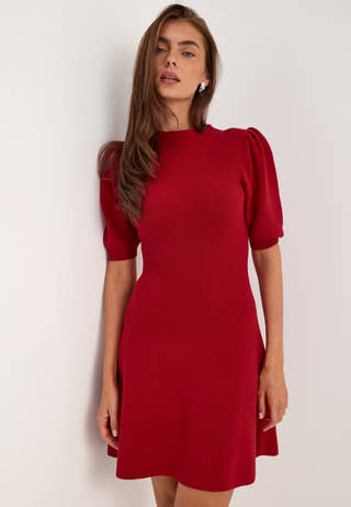 Puff Sleeve Knitted Dress Red