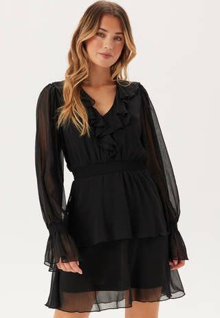 V-neck Frill L/S Chiffon Dress