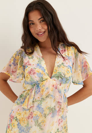 Butterfly Sleeve Chiffon Ankle Dress