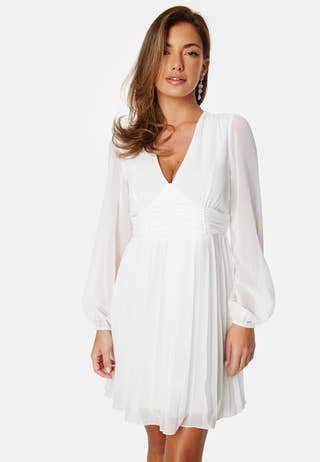 Pleated L/S Chiffon Dress