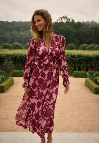 Frill L/S Chiffon Midi Dress