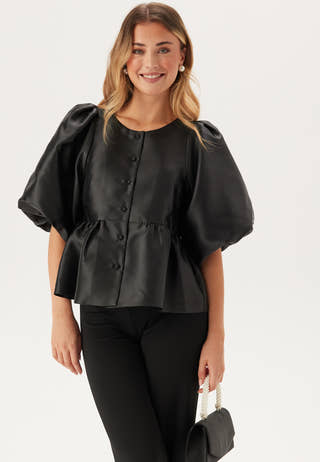 Puff Sleeve Peplum Satin Blouse