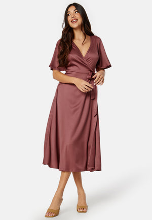 Butterfly Sleeve Wrap Satin Midi Dress