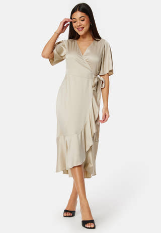 Frill Wrap Satin Midi Dress