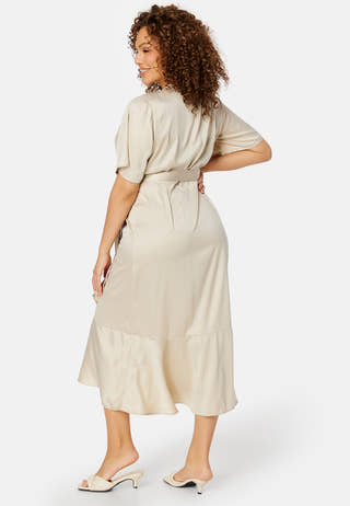 Frill Wrap Satin Midi Dress