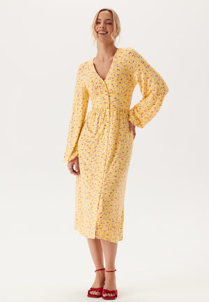 Soft Midi Button Volume Sleeve Dress