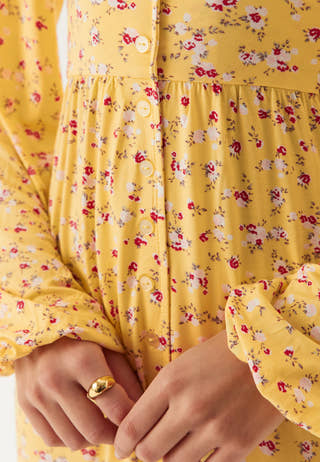 Soft Midi Button Volume Sleeve Dress