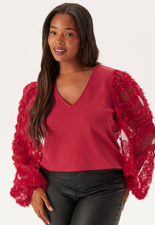 3D Floral Sleeve V-neck Top