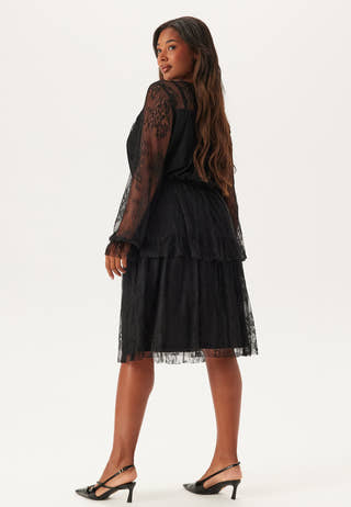 Tiered Puff Sleeve Lace Midi Dress