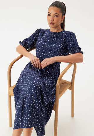 Puff Sleeve Viscose Midi Dress