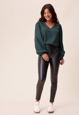 V-neck Puff Sleeve Viscose Blouse